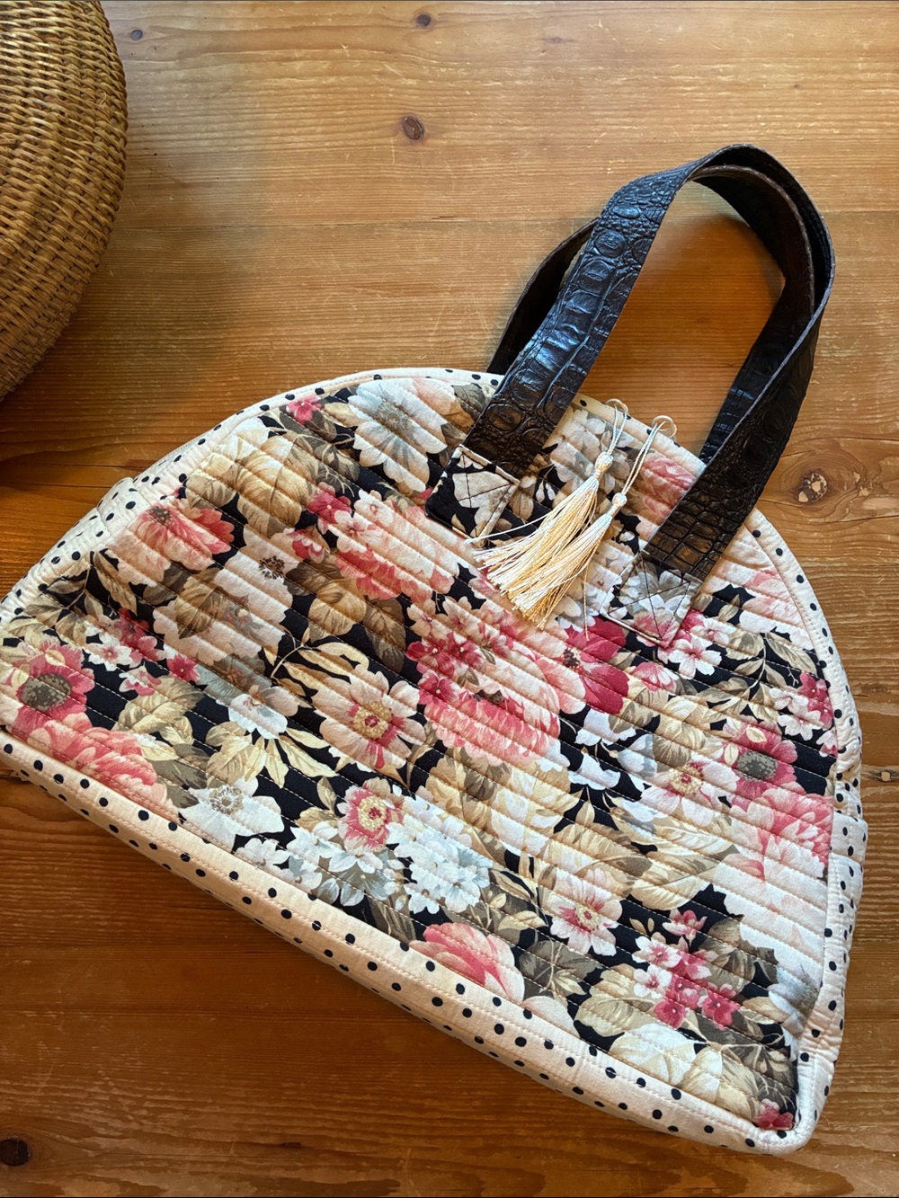 Rose, Black & Cream Quilted Floral Satchel Top Handle Cosmetic Tote Bag
